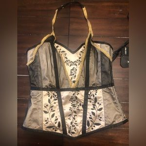 Corsetstory black lace and champagne satin halter corset with 34” waist closure